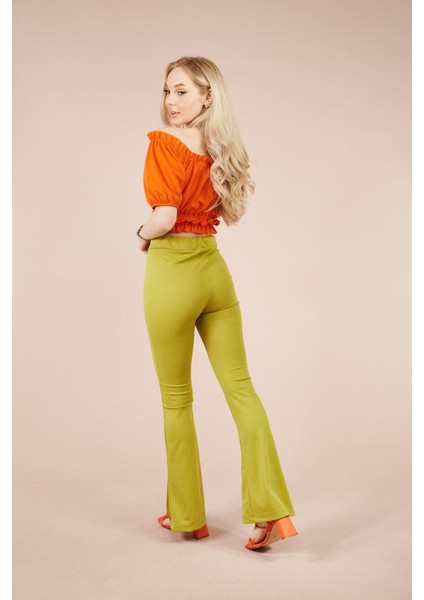 Kadın Yeşil Paçası Yırtmaçlı Ispanyol Tayt Pantolon indirimleri