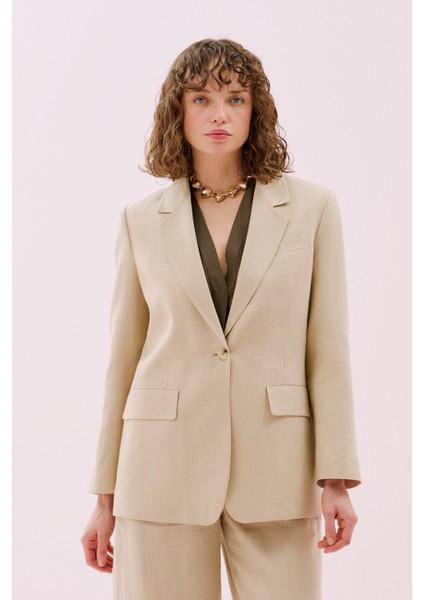 Tek Düğmeli Keten Blazer Ceket Bej Y2516002_024