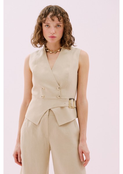 Kemerli Kruvaze Keten Yelek Bej Y2517013_024