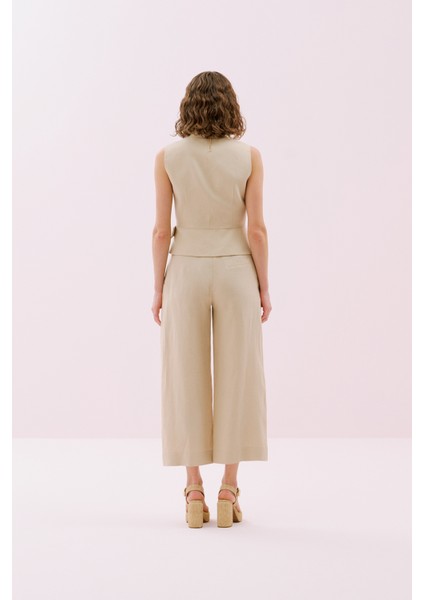 Kemerli Kruvaze Keten Yelek Bej Y2517013_024 fiyatları