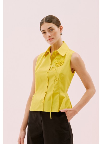 Çiçek Motifli Kolsuz Peplum Gömlek Sarı Y2513532_009