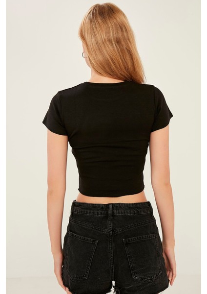 Kadın Siyah Örme Crop Bluz