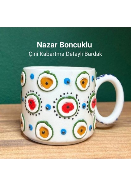 Kütahya Çini Nazar Boncuğu Motifli Seramik Bardak Kabartmalı El İşçiliği Çini Bardak
