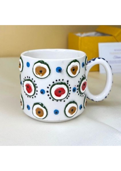 Kütahya Çini Nazar Boncuğu Motifli Seramik Bardak Kabartmalı El İşçiliği Çini Bardak