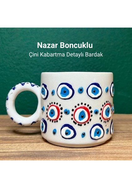 Kütahya Çini Nazar Boncuğu Motifli Seramik Bardak Kabartmalı El İşçiliği Çini Bardak