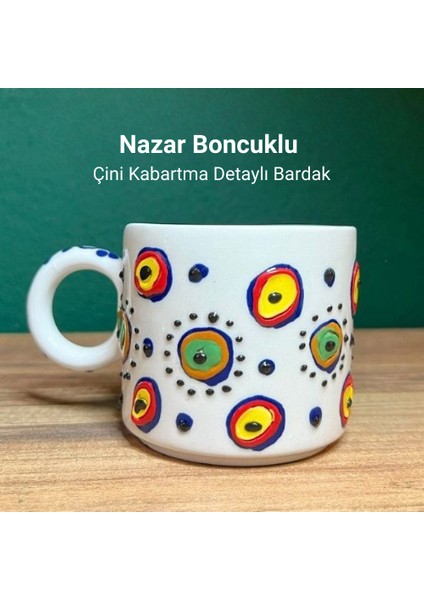 Kütahya Çini Nazar Boncuğu Motifli Seramik Bardak Kabartmalı El İşçiliği Çini Bardak