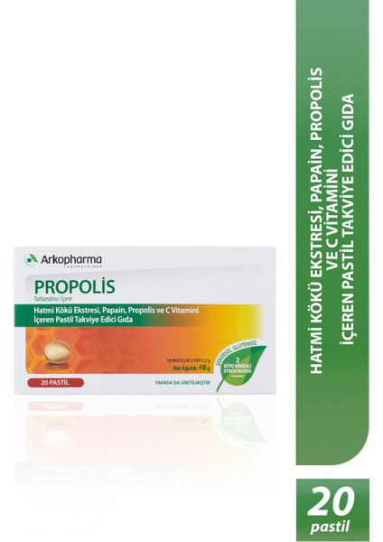 Propolis - Hatmi Kökü Ekstresi, Papain, Propolis ve C Vitamini Içeren Takviye Edici Gıda - 20 Pastil