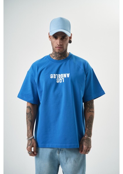 Erkek One Baskılı Oversize T-Shirt Mavi