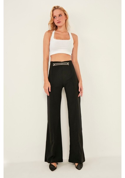 Kadın Siyah Yüksek Bel Zincir Detaylı Geniş Paça Dokuma Pantolon