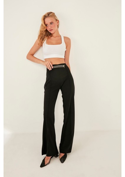 Kadın Siyah Yüksek Bel Zincir Detaylı Geniş Paça Dokuma Pantolon fiyatları