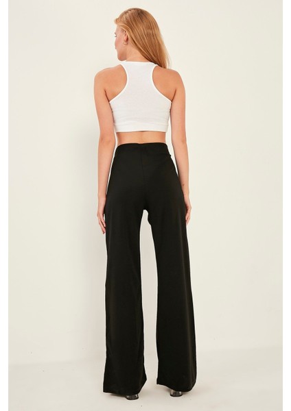 Kadın Siyah Yüksek Bel Zincir Detaylı Geniş Paça Dokuma Pantolon modelleri