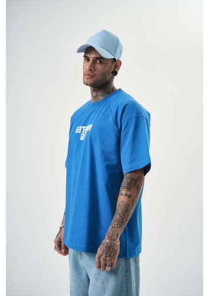 Erkek One Baskılı Oversize T-Shirt Mavi fiyatları