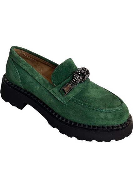 Yeşil Deri Kalın Taban Loafer
