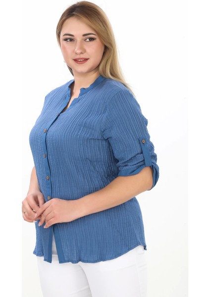 Cotton Hakim Yaka Büyük Beden Kadın Müslim Kumaş Gömlek