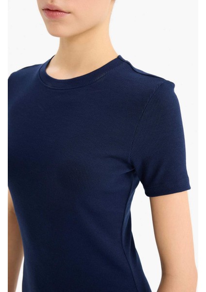 Coool Bodycon Vücudu Saran Bisiklet Yaka Fitilli Kaşkorse Kısa Kollu Mini Elbise E7231AX25SP