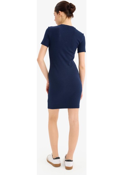 Coool Bodycon Vücudu Saran Bisiklet Yaka Fitilli Kaşkorse Kısa Kollu Mini Elbise E7231AX25SP