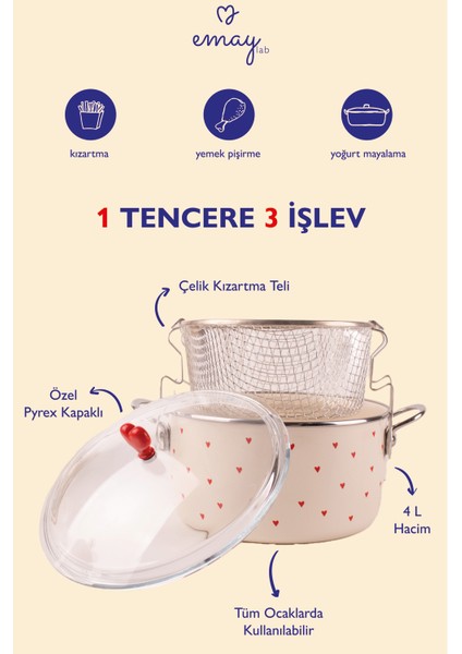 Cupid Emaye Kızartma Tenceresi/ Fritöz (Özel Pyrex Kapaklı)