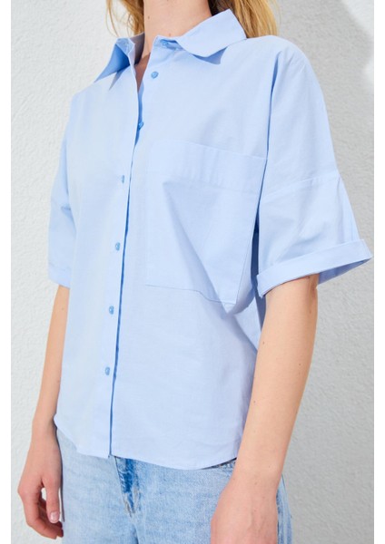 Kadın Mavi Düşük Kol Tek Cepli Gömlek indirimleri