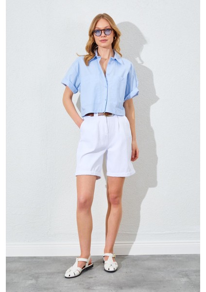 Kadın Mavi Çift Cepli Düşük Kol Crop Gömlek indirimleri