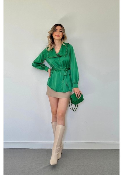 Yeni Sezon Kadın Yakası Fırfırlı Kuşaklı Uzun Kollu Saten Gömlek