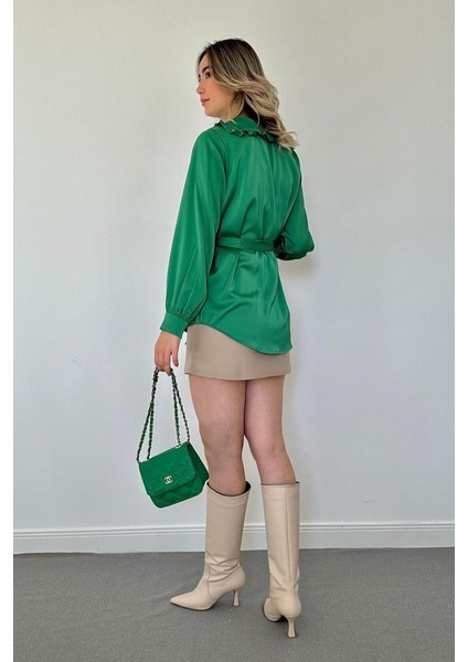 Yeni Sezon Kadın Yakası Fırfırlı Kuşaklı Uzun Kollu Saten Gömlek fiyatları