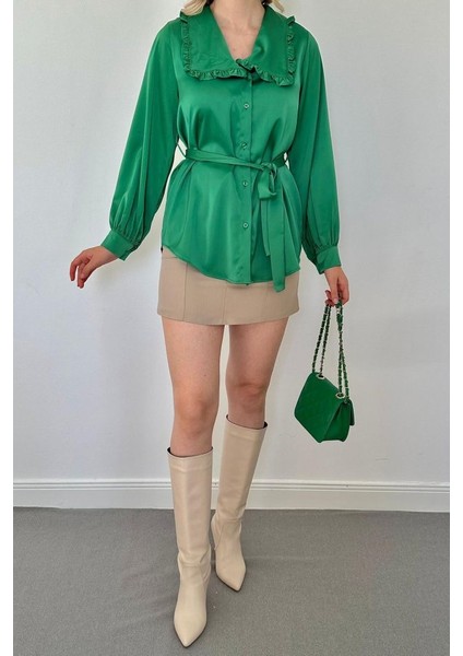 Yeni Sezon Kadın Yakası Fırfırlı Kuşaklı Uzun Kollu Saten Gömlek modelleri