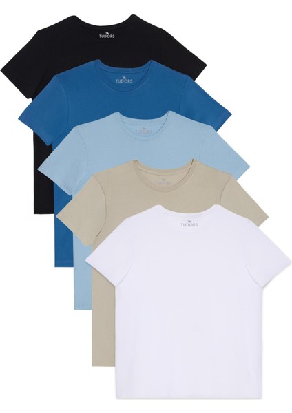 Unisex 5'li Paket Siyah-Taş-Mavi-Açık Mavi-Beyaz Slim Fit Dar Kesim Pamuk Bisiklet Yaka Tişört