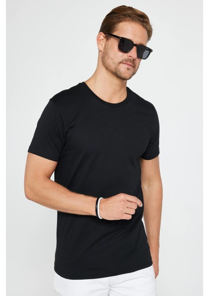 Unisex 5'li Paket Siyah-Taş-Mavi-Açık Mavi-Beyaz Slim Fit Dar Kesim Pamuk Bisiklet Yaka Tişört
