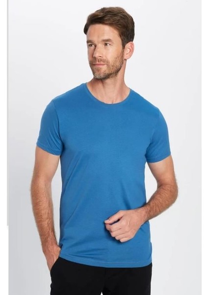 Unisex 5'li Paket Siyah-Taş-Mavi-Açık Mavi-Beyaz Slim Fit Dar Kesim Pamuk Bisiklet Yaka Tişört