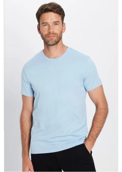 Unisex 5'li Paket Siyah-Taş-Mavi-Açık Mavi-Beyaz Slim Fit Dar Kesim Pamuk Bisiklet Yaka Tişört