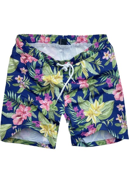 Slim Fit Su Itici Nano Kumaş Fileli Çocuk Deniz Şortu---Palmiye Desen---