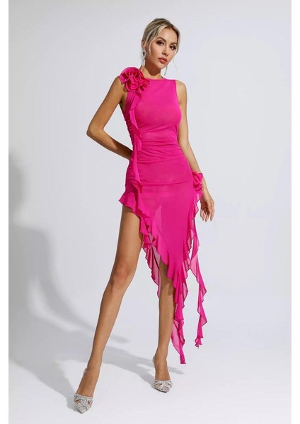 Ruffless Püsküllü Uzun Elbise - Pembe