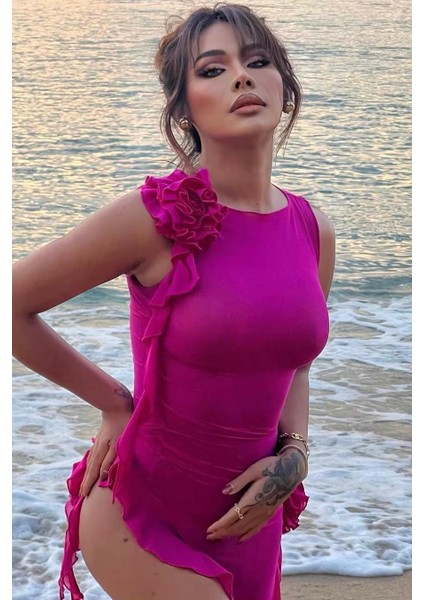 Ruffless Püsküllü Uzun Elbise - Pembe