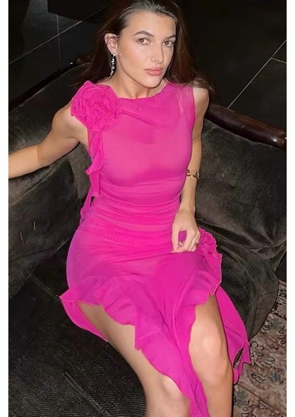 Ruffless Püsküllü Uzun Elbise - Pembe