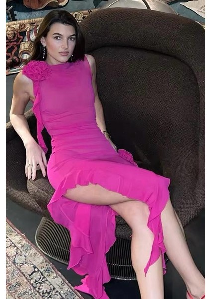 Ruffless Püsküllü Uzun Elbise - Pembe