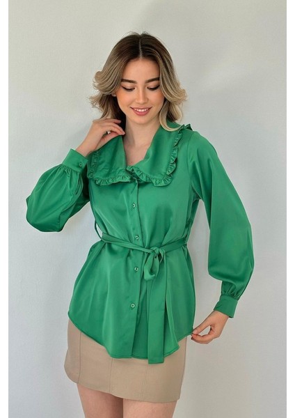 Yeni Sezon Kadın Yakası Fırfırlı Kuşaklı Uzun Kollu Saten Gömlek