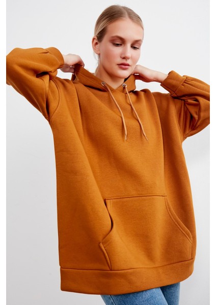 Kadın Kiremit Kapüşonlu Kanguru Cepli Sweatshirt