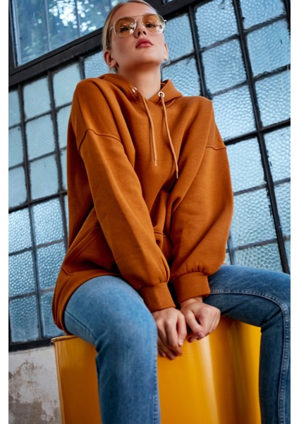 Kadın Kiremit Kapüşonlu Kanguru Cepli Sweatshirt fiyatları