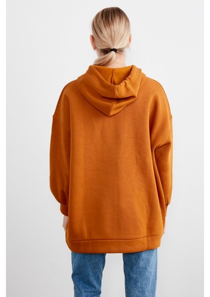 Kadın Kiremit Kapüşonlu Kanguru Cepli Sweatshirt modelleri