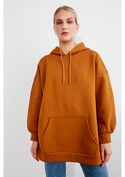 Kadın Kiremit Kapüşonlu Kanguru Cepli Sweatshirt fırsatları