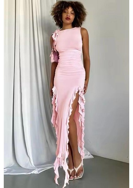 Ruffles Yırtmaçlı Kolsuz Elbise - Pembe