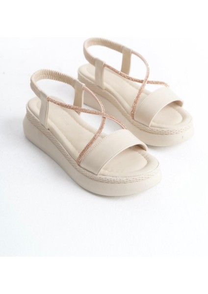 BA04577 Ten Kadın Çapraz Taş Yumuşak Tabanlı 5 cm Sandalet - 38