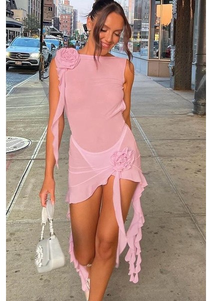 Ruffless Püsküllü Kısa Elbise - Toz-Pembe