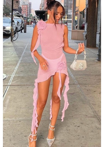 Ruffless Püsküllü Kısa Elbise - Toz-Pembe