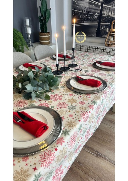 Kar Tanesi Desenli Leke Tutmaz Sıvı Geçirmez Ekru Kırmızı Masa Örtüsü