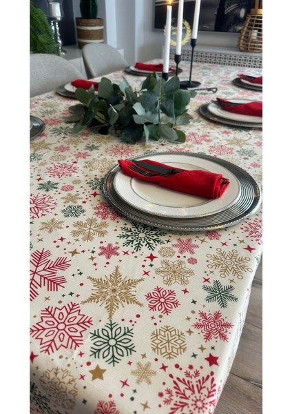 Kar Tanesi Desenli Leke Tutmaz Sıvı Geçirmez Ekru Kırmızı Masa Örtüsü fiyatları