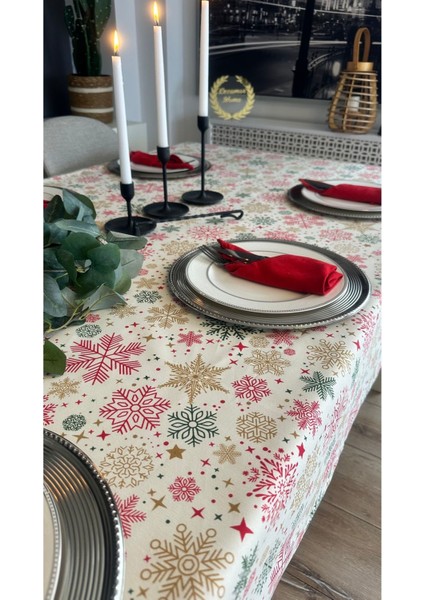 Kar Tanesi Desenli Leke Tutmaz Sıvı Geçirmez Ekru Kırmızı Masa Örtüsü modelleri