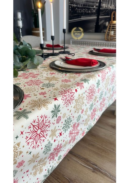 Kar Tanesi Desenli Leke Tutmaz Sıvı Geçirmez Ekru Kırmızı Masa Örtüsü fırsatları