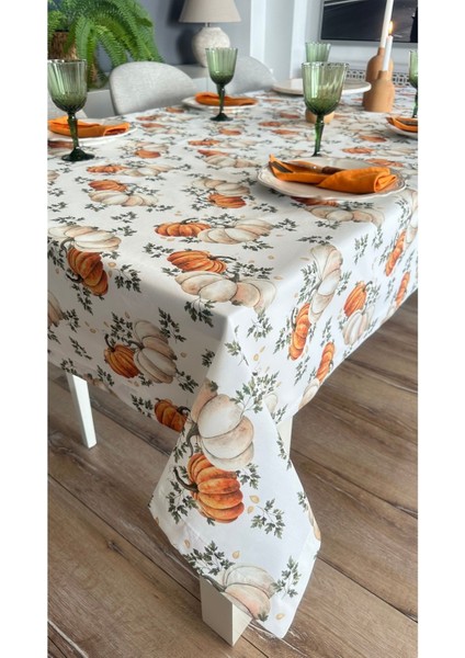 Leke Tutmaz Sıvı Geçirmez Balkabağı Desenli Ekru Masa Örtüsü fiyatları