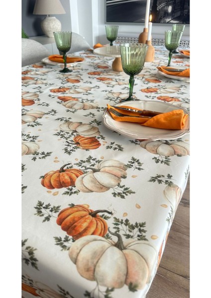 Leke Tutmaz Sıvı Geçirmez Balkabağı Desenli Ekru Masa Örtüsü fırsatları